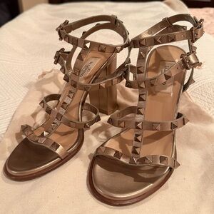 VALENTINO Rockstud Metallic Calfskin Leather Ankle Strap Sandals Size 36.5